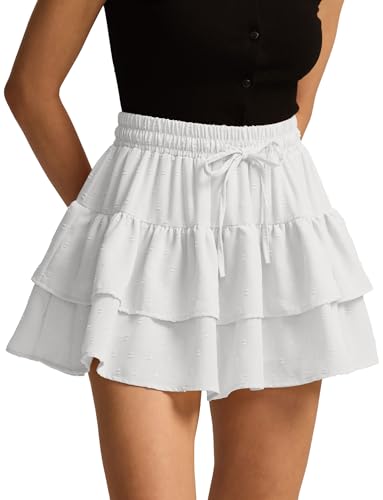 FEOYA Damen Rüschen Faltenrock Kurzer Minirock A-Linie Mehrlagige Sommerrock Boho Casual Freizeitrock Strand Skaterrock mit Shorts Weiß M von FEOYA