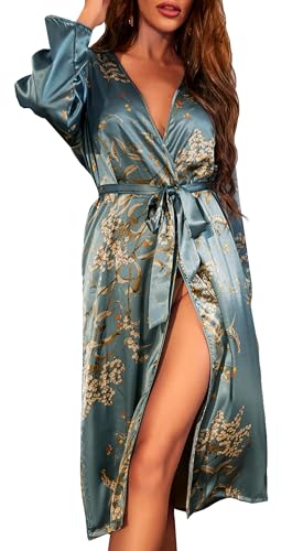 FEOYA Damen Satin Bademantel Morgenmantel Lang Seide Kleid V Ausschnitt Lange Robe Hausmantel Nachtwäsche für Spa Haus und Hotel Grün M FEOYA Damen Satin Bademantel Morgenmantel Lang Seide Kleid V Ausschnitt Lange Robe Hausmantel Nachtwäsche für Spa Haus und Hotel Grün M von FEOYA