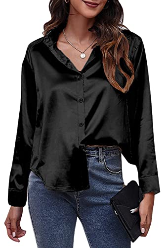 FEOYA Damen Satin Langarm Bluse Langarmshirt Casual Office Business V Neck Tops Knopfleiste Hemdbluse S Schwarz von FEOYA