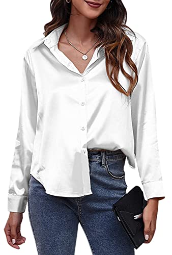 FEOYA Damen Satin Langarm Bluse Langarmshirt Casual Office Business V Neck Tops Knopfleiste Hemdbluse S Weiß von FEOYA