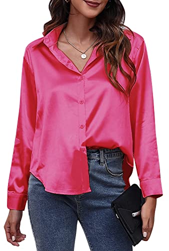 FEOYA Damen Satin Langarm Bluse Langarmshirt Casual Office Business V Neck Tops Knopfleiste Hemdbluse XL Rosarot von FEOYA