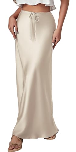 FEOYA Damen Satin Rock Lang Elegant Sommer A Line Maxirock mit Kordelzug Hohe Taille Büro Party Casual Langer Rock 02 Beige L von FEOYA