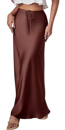 FEOYA Damen Satin Rock Lang Elegant Sommer A Line Maxirock mit Kordelzug Hohe Taille Büro Party Casual Langer Rock 02 Chocolate XL von FEOYA