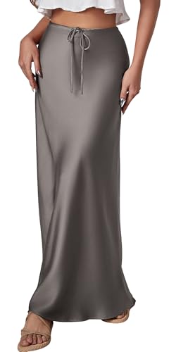 FEOYA Damen Satin Rock Lang Elegant Sommer A Line Maxirock mit Kordelzug Hohe Taille Büro Party Casual Langer Rock 02 Grau M von FEOYA