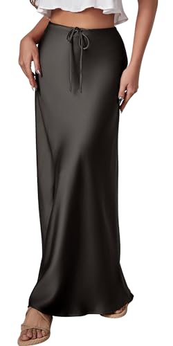 FEOYA Damen Satin Rock Lang Elegant Sommer A Line Maxirock mit Kordelzug Hohe Taille Büro Party Casual Langer Rock 02 Schwarz L von FEOYA