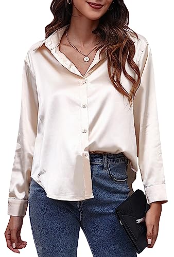 FEOYA Damen Satin Seide Shirt Elegante Langarm Hemden Business Tops Damen Büro Tops Lose Freizeitbluse Champagner L von FEOYA
