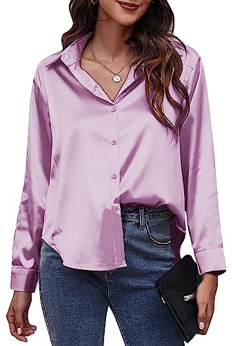 FEOYA Damen Satin Seide Tops Hemd Langarm Business Oberteile mit Knöpfen Hemden Elegante Freizeit Büro Blusen Lila M von FEOYA