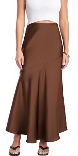 FEOYA Damen Satin Seidiger Maxirock Hohe Taille Eleganter Party Rock A Line Ausgestellte Lange Röcke 03 Braun L von FEOYA