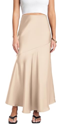 FEOYA Damen Satin Seidiger Maxirock Hohe Taille Eleganter Party Rock A Line Ausgestellte Lange Röcke 03 Champagner L von FEOYA