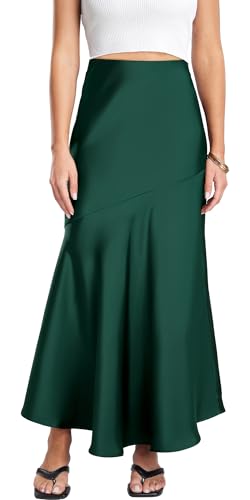 FEOYA Damen Satin Seidiger Maxirock Hohe Taille Eleganter Party Rock A Line Ausgestellte Lange Röcke 03 Dunkelgrün L von FEOYA