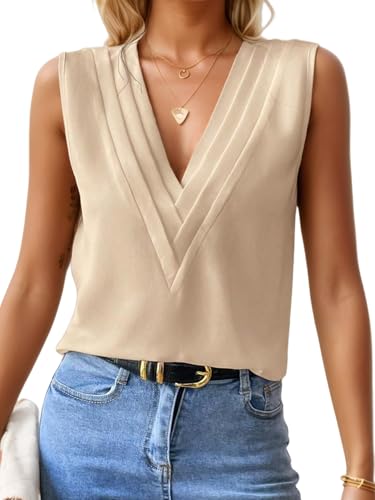 FEOYA Damen Satin Tank Top Ärmellose Blusen V-Ausschnitt Chiffon Tops Sommer Basic Cami Shirts Arbeit Büro Business Bluse Beige L von FEOYA