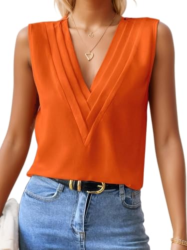 FEOYA Damen Satin Tank Top Ärmellose Blusen V-Ausschnitt Chiffon Tops Sommer Basic Cami Shirts Arbeit Büro Business Bluse Orange M von FEOYA