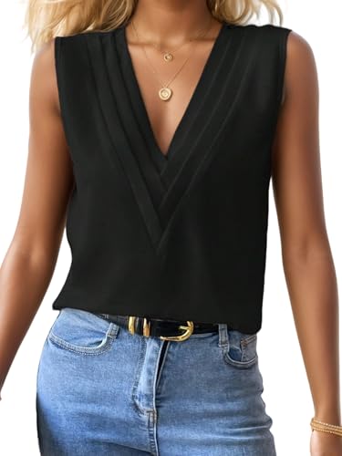 FEOYA Damen Satin Tank Top Ärmellose Blusen V-Ausschnitt Chiffon Tops Sommer Basic Cami Shirts Arbeit Büro Business Bluse Schwarz L von FEOYA