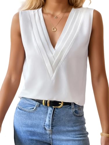 FEOYA Damen Satin Tank Top Ärmellose Blusen V-Ausschnitt Chiffon Tops Sommer Basic Cami Shirts Arbeit Büro Business Bluse Weiß XXL von FEOYA