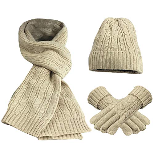 FEOYA Damen Schal Mütze Handschuh Set Warme Winter Set Gestrickt Beanie Kappe Lange Strickschal von FEOYA