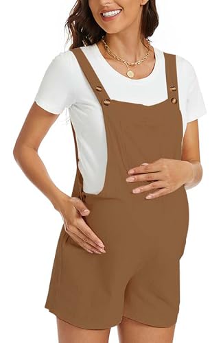 Damen Schwanger Mutterschaft Latzhose Kurz Overalls Sommer Träger Jumpsuit Baggy Playsuit mit Tasche Braun L von FEOYA