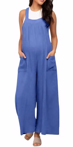 FEOYA Damen Schwanger Mutterschaft Latzhose Overalls Sommer Leicht Träger Jumpsuit Baggy Playsuit mit Tasche Blau XL von FEOYA