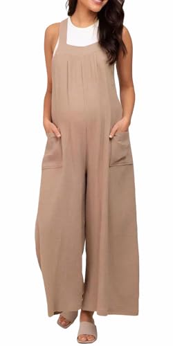 FEOYA Damen Schwanger Mutterschaft Latzhose Overalls Sommer Leicht Träger Jumpsuit Baggy Playsuit mit Tasche Khaki XL von FEOYA