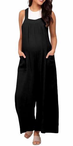 FEOYA Damen Schwanger Mutterschaft Latzhose Overalls Sommer Leicht Träger Jumpsuit Baggy Playsuit mit Tasche Schwarz XL von FEOYA