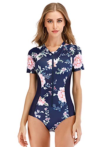 FEOYA Damen Schwimmanzug Einteiler Badeanzug Wassersport Wettkampfanzug Trainninganzug UV-Schutz Kurzarm Push-up Bademode-Dunkelblau-2XL von FEOYA