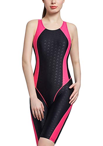 FEOYA Damen Schwimmanzug Legsuits Einteiler Badeanzug Wassersport Wettkampfanzug Trainninganzug mit Bein UV-Schutz Bademode-Schwarz + Rosa-2XL von FEOYA