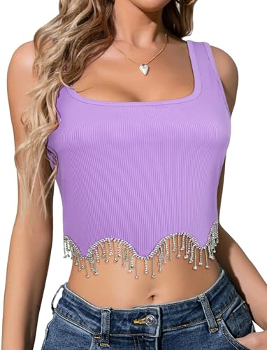 FEOYA Damen Sexy Crop Top mit Glitzer Quaste Ärmellos Oberteil Gestrickt Corset Tank Tops Sparkle Party Kostüm Größe S-Violett von FEOYA