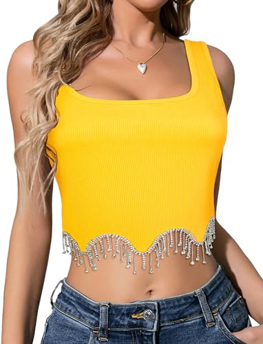 FEOYA Damen Sexy Crop Top mit Glitzer Quaste Ärmellos Oberteil Gestrickt Corset Tank Tops Sparkle Party Kostüm Größe XXL-Gelb von FEOYA