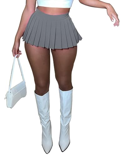 FEOYA Damen Sexy Mini Faltenröcke Mädchen Y2k Hohe Taille A-Linie Rock Club Tennis Skater Mini Micro Röcke Grau L von FEOYA