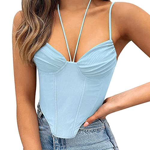 FEOYA Damen Sexy trägerloses Bustier Mesh Open Back Boned Corset Crop Top, Blau 3, Medium von FEOYA