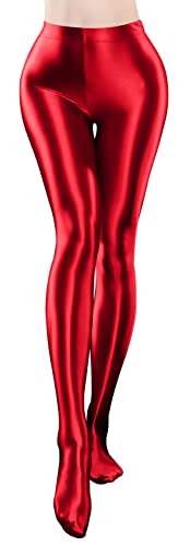 FEOYA Damen Shiny Dance Tights Leggings Wet Look Shiny Metallic High Waist Stretch Leggings Schimmernde Shaping Dance Strumpfhose Hohe Tight Für Frauen Taille Stretch Hosen Rot XL von FEOYA