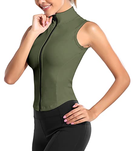 FEOYA Damen Slim Fit Full Zip Sportweste Stehkragen Ärmelloses Yoga Top Skinny Running Workout Gym Tank Top Elastische Dehnbare Sportbekleidung Activewear Fitness Crop Top mit gebogenem Saum Armeegrün von FEOYA