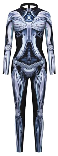 FEOYA Damen Slim Fit Halloween Jumpsuit Mechanisch Digital Gedruckt Bodysuit Stretch Cosplay Catsuit Langarm Fasching Playsuit Party S-XL, Style 01, 46 von FEOYA