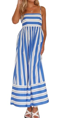 FEOYA Damen Sommer Gestreiftes Kleid Maxi Flowy Swing Sundress Back Smocked Cutout Strand Urlaub Lange Kleider Blau M von FEOYA