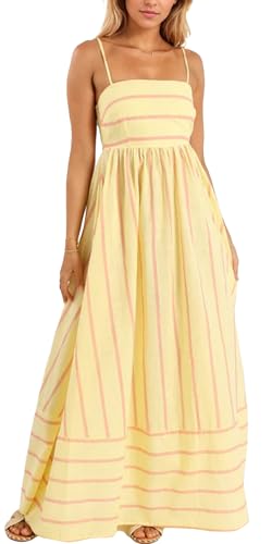 FEOYA Damen Sommer Gestreiftes Kleid Maxi Flowy Swing Sundress Back Smocked Cutout Strand Urlaub Lange Kleider Gelb XL von FEOYA