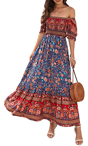 FEOYA Damen Sommer Kleider Freizeitkleider Bodenlange Maxikleid Boho Strand Casual Urlaub Kleider Größe M/DE Größe 32-34-B-Blau von FEOYA