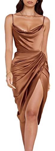 FEOYA Damen Sommer Langes Kleid Sling Rundhals Hohe Taille Bean Sand Strickrock Strand Abendkleid S von FEOYA