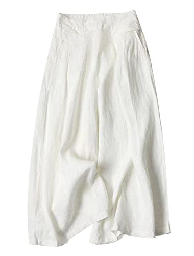 FEOYA Damen Sommer Leinen Hosen Lang Weites Bein Hose Lockere Freizeithose mit Taschen Elastisch Bund Yogahose Herstellergröße M/ DE34 von FEOYA