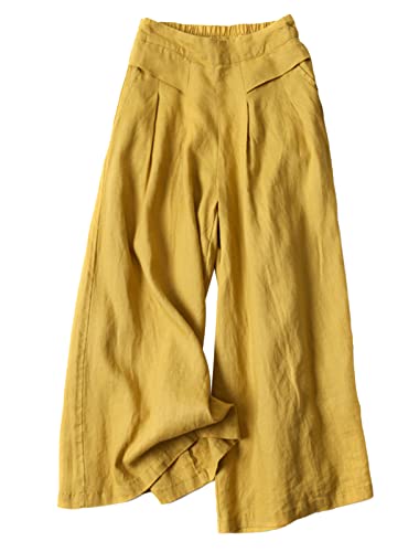 FEOYA Damen Sommer Leinen Hosen Lang Weites Bein Hose Lockere Freizeithose mit Taschen Elastisch Bund Yogahose Herstellergröße XXL/ DE40 von FEOYA