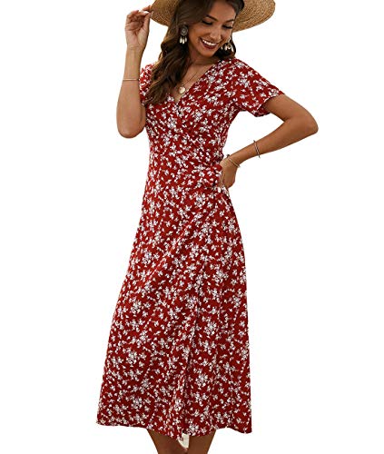 FEOYA Damen Sommer Maxikleider Mit Gürtel Boho V-Ausschnitt Strandkleid Blumendruck Party Vintage Cocktailkleid Freizeit Abendkleid Rot von FEOYA