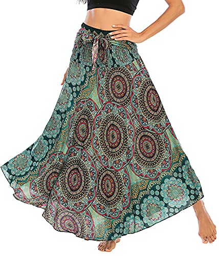 FEOYA Damen Sommer Maxirock Bohemien Lange Rock Elastische Taille Sommerrock Multifunktional Großer Saum Strandkleid von FEOYA