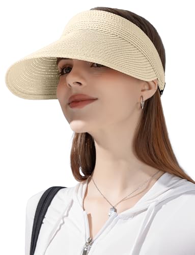 FEOYA Damen Sonnenhut Stroh Sun Visor Hüte Breite Krempe UV-Schutz Sommerhut Packbar Faltbar Strandhut Frauen Roll Up Pferdeschwanz Visor Cap Outdoor Urlaub Stroh Golf Cap Beige von FEOYA