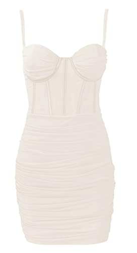 FEOYA Damen Spaghettiträger Gerafftes Mini Mesh Kleid Tube Top Bodycon Kurz Tüllkleid Sommer Sexy Fishbone Club/Party/Cocktailkleider S-XL, A Off White, Medium von FEOYA