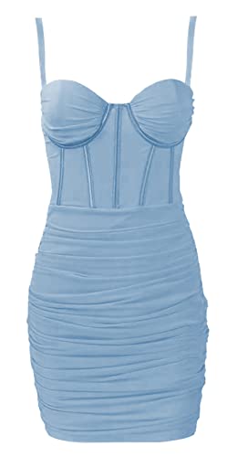 FEOYA Damen Spaghettiträger Gerafftes Mini Mesh Kleid Tube Top Bodycon Kurz Tüllkleid Sommer Sexy Fishbone Club/Party/Cocktailkleider S-XL, Hellblau, Small von FEOYA