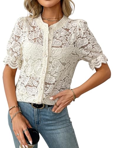 FEOYA Damen Spitzen Oberteil Elegant Kurzarm Aushöhlen Bluse Rundhals Puff top Durchsichtig Freizeithemd Spitzenshirt Beige XL von FEOYA