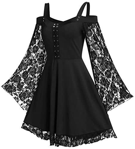 FEOYA Damen Spitzenärmel Gothic Kleid Strap Steampunk Bandage Midi Lange Kleider Sexy Cold Shoulder Retro Kleid Elegant Cocktail Party Kleid Halloween Cosplay Größe L-5XL/EU 40-52, Schwarz , XXXXXL von FEOYA