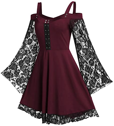 FEOYA Damen Spitzenärmel Gothic Kleid Strap Steampunk Bandage Midi Lange Kleider Sexy Cold Shoulder Retro Kleid Elegant Cocktail Party Kleid Halloween Cosplay Größe L-5XL/EU 40-52, weinrot, X-Large von FEOYA