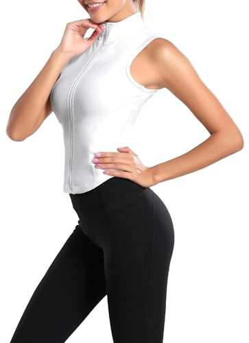 FEOYA Damen Sport Ärmelloses Top Slim Fit Yoga Fitness Laufweste Full Zip Sportweste Stehkragen Workout Gym Crop Tops Gym Weste Top Skinny Athletic Ärmellose Shirts Weiß M von FEOYA