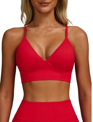 FEOYA Damen Sport BH Gepolstert V-Ausschnitt Yoga Bra Ohne Bügel Verstellbar Träger Workout Crop Tops Rückenfrei BH für Fitness Gym Rot XL von FEOYA