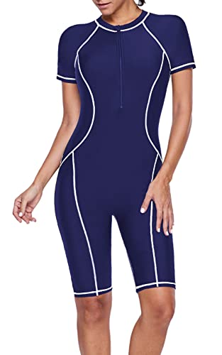 FEOYA Damen Sport Surfen Badeanzug Bauchweg Badebekleidung Einteiler Badekleid Eingebauter Cup Spa Strandkleid Baden Swimwear Bademode mit Reißverschluss - M von FEOYA