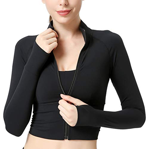 FEOYA Damen Sportjacke Laufjacke Langarm Kapuzenjacke Sweatjacke für Yoga Fitness Oberteil Sport Workout Trainingsjacke Top Laufshirt (Schwarz A, M) von FEOYA